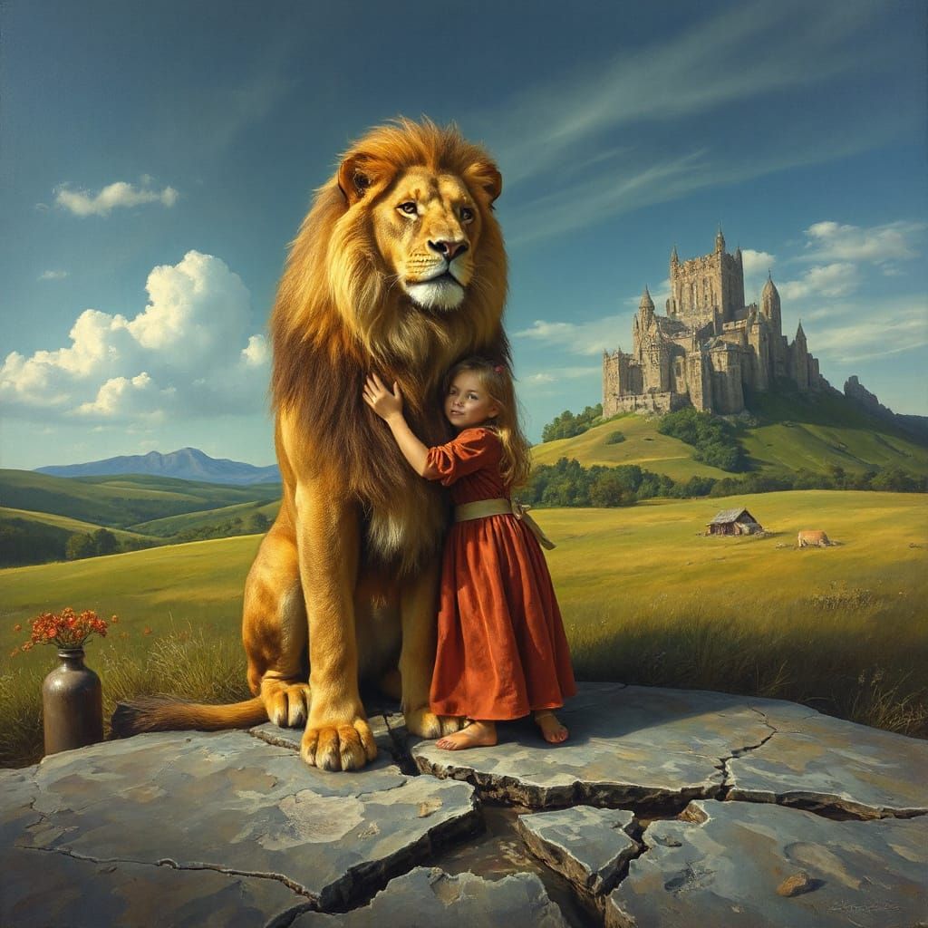 Aslan Stands Tall Beside Cracked Stone Slab in a Vibrant Oil...
