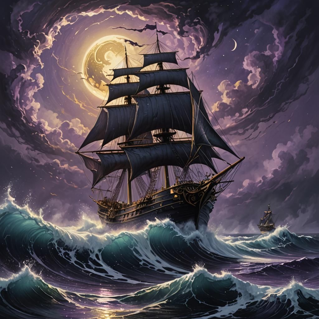 Fantasy Ship Sailing Under Moonlight, Digital Art