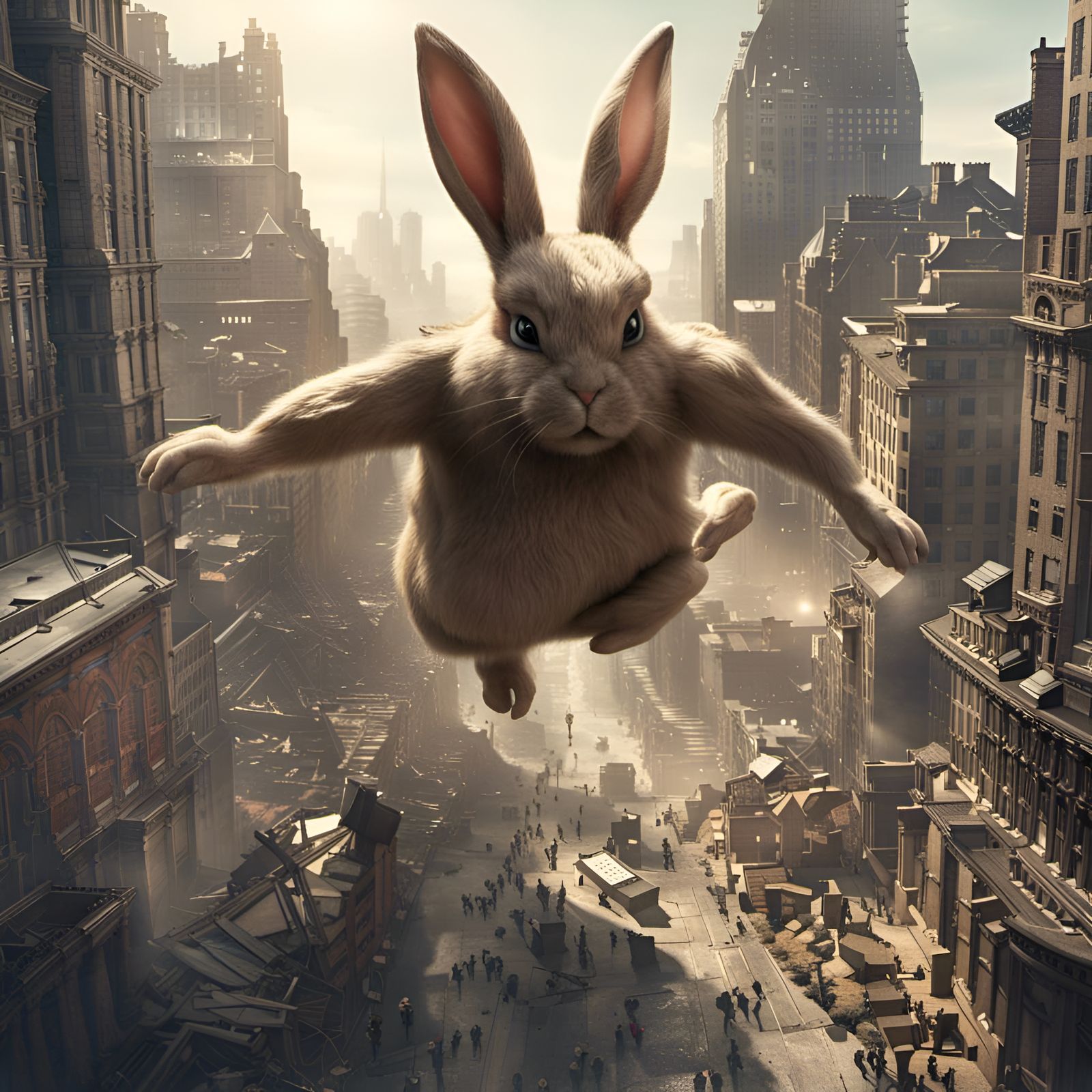 Giant Bunny Rampages Through Metropolis: A Cinematic Scene