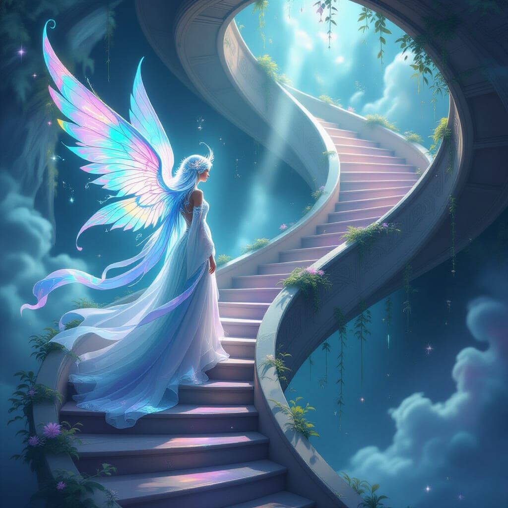 Mystical Creature Gazing Down Ethereal Staircase