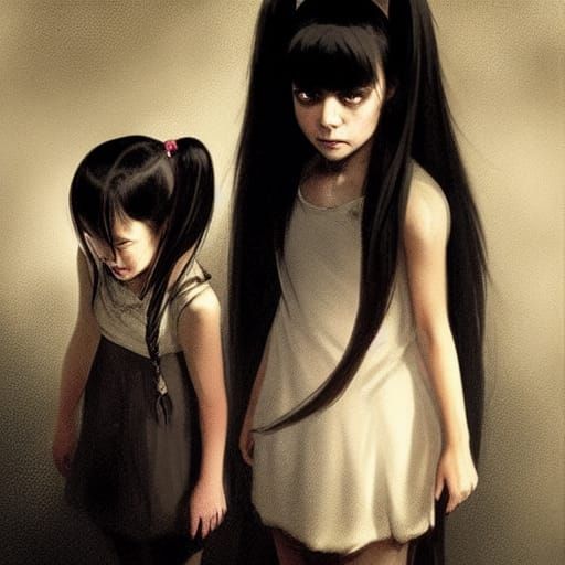 Sinister Ghost Girl Stares at Living Girl