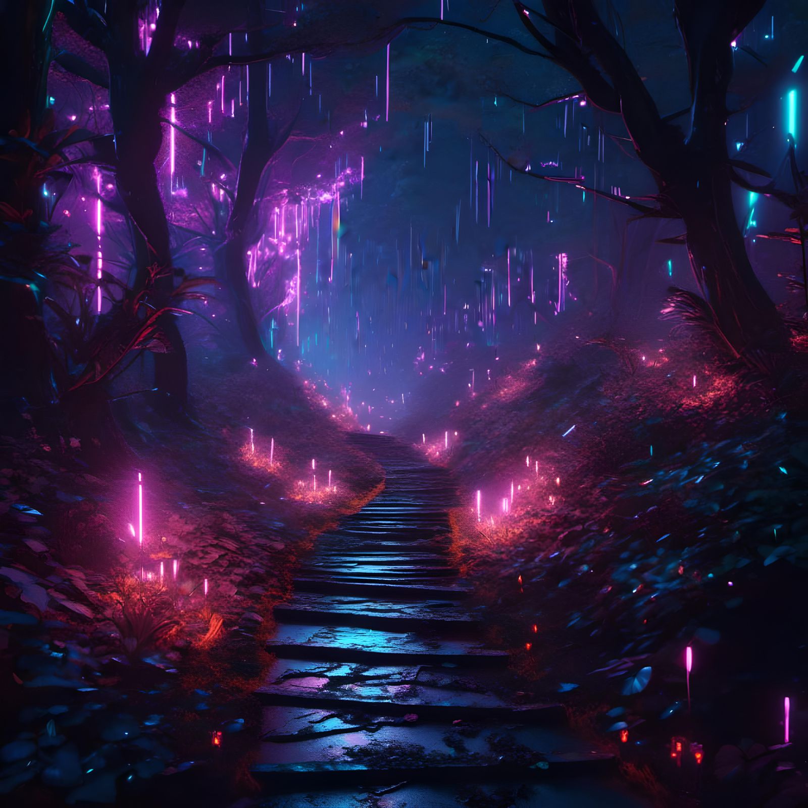 Enchanted Cyberpunk Forest Path with Fairies