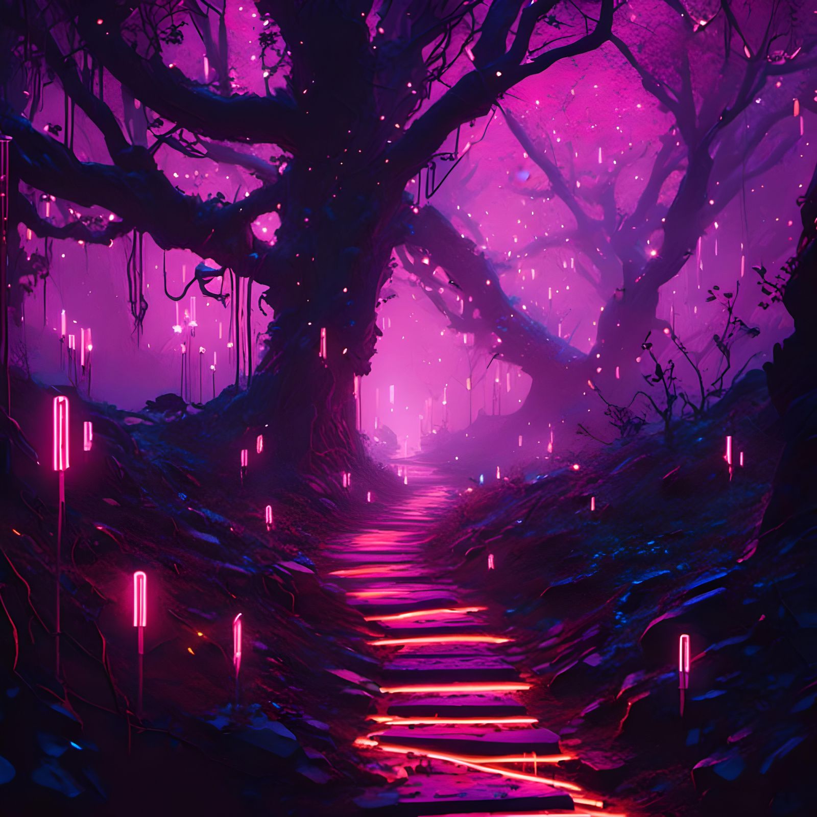 Fantasy Cyberpunk Forest with Fairies and Neon Lights
