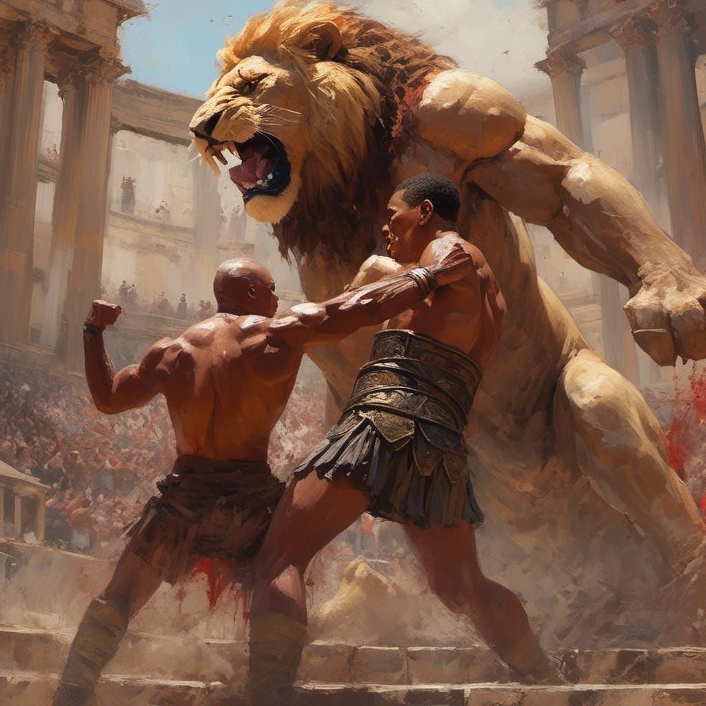 Gladiator Battles Lion in Roman Coliseum