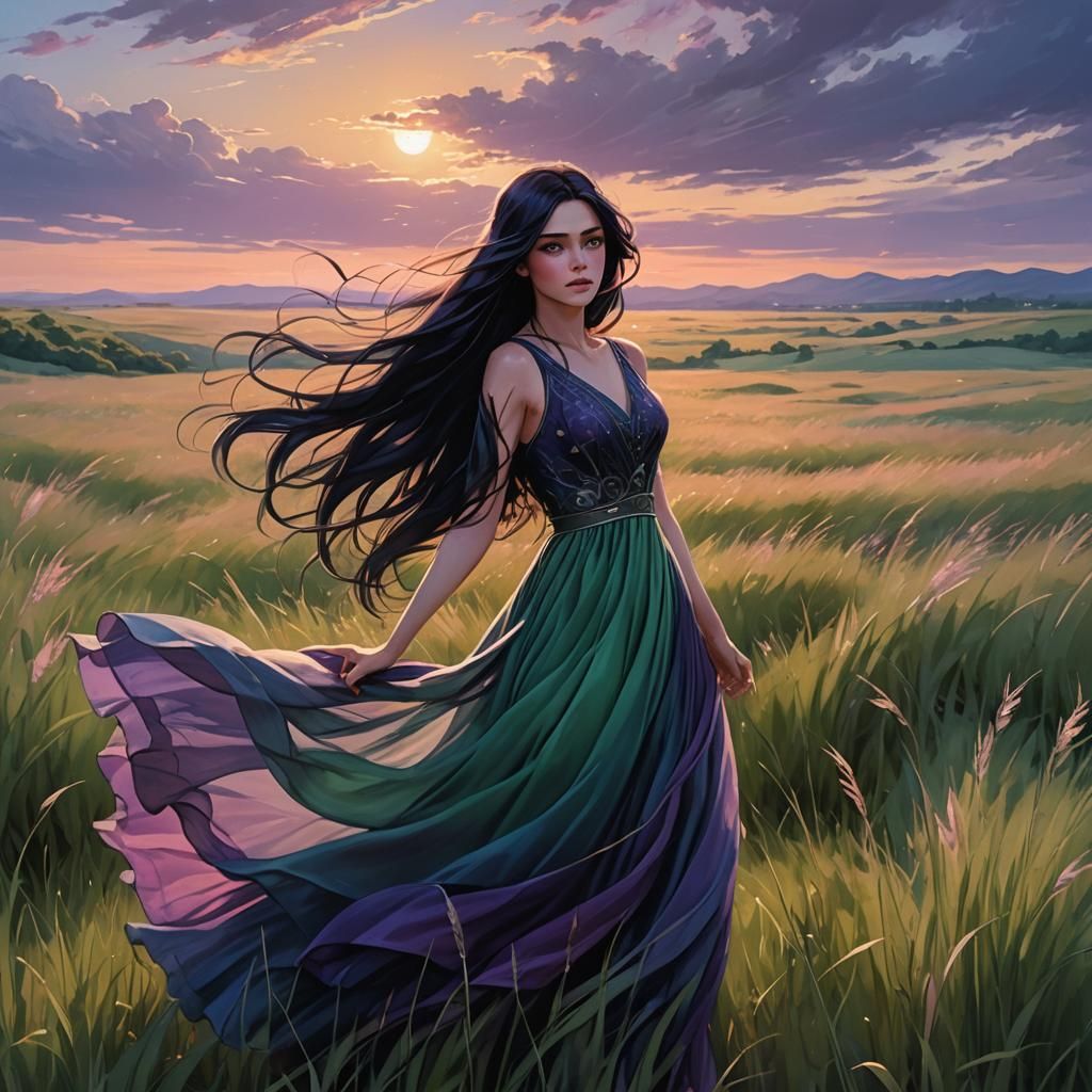 Girl in Field with Flowing Dress, Matte Painting
