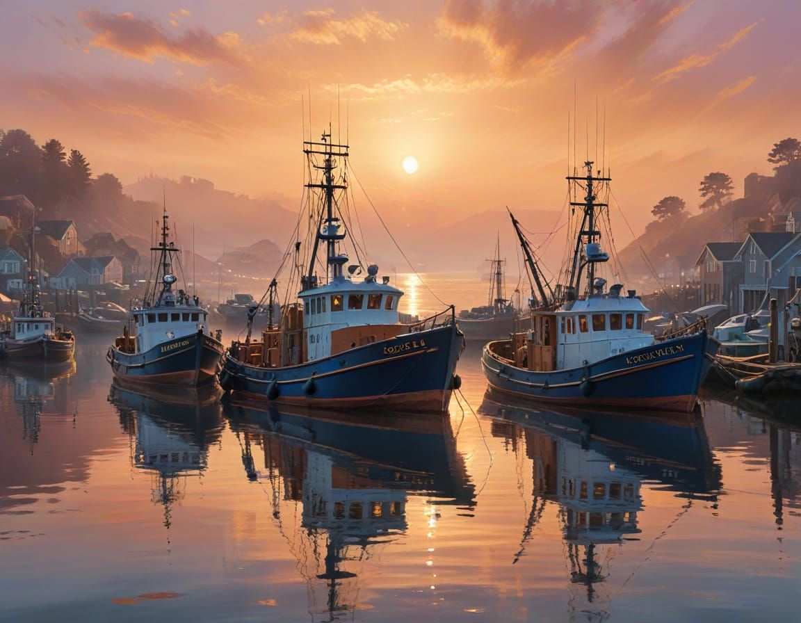 Coastal Harbor at Dawn: Watercolor Fishing Trawlers