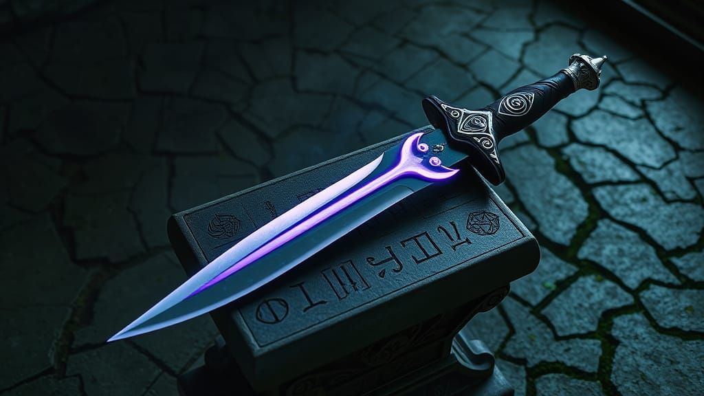 Mystical Dagger Nightweaver's Kiss on Ancient Pedestal