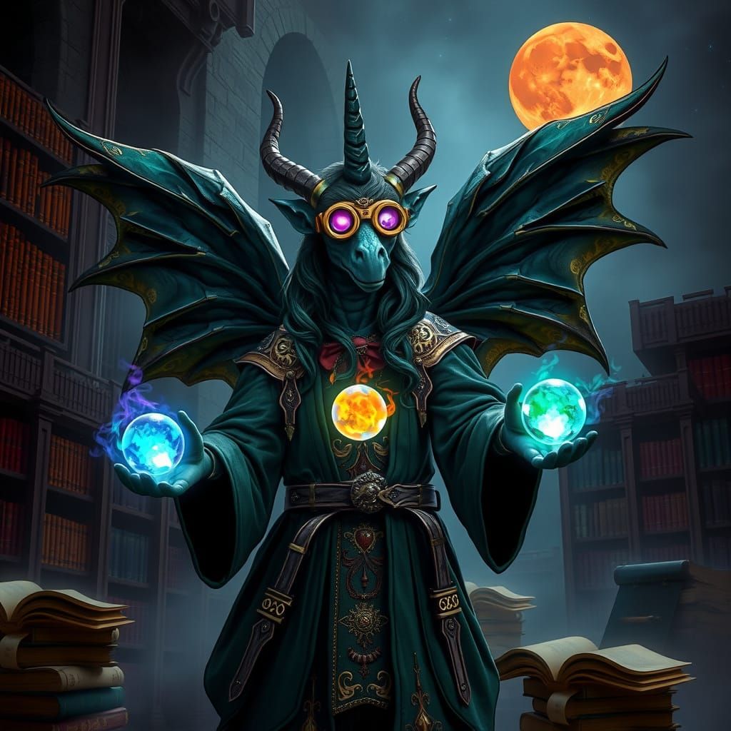 Mystical Gargoyle in Steampunk Robes with Magic Orbs