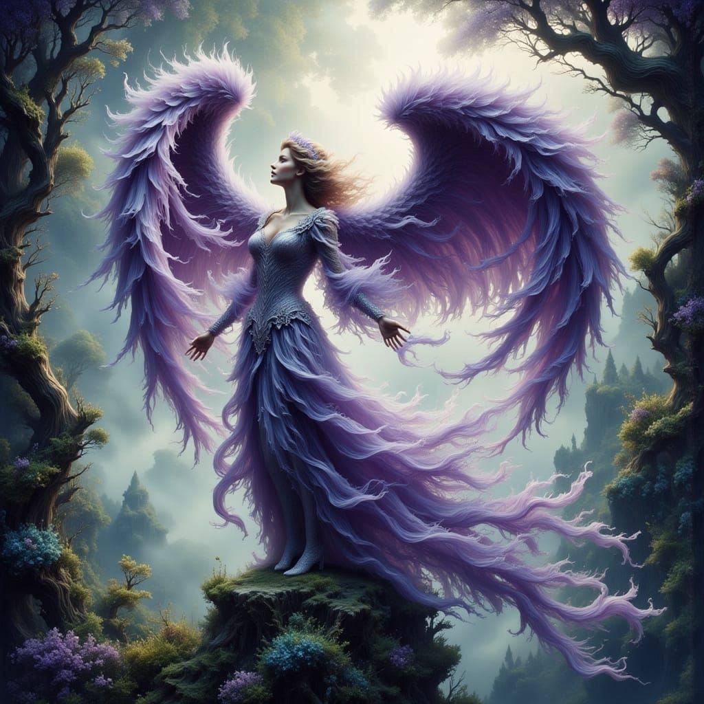 Amethyst Angel Over Misty Valley, as Oil Painting