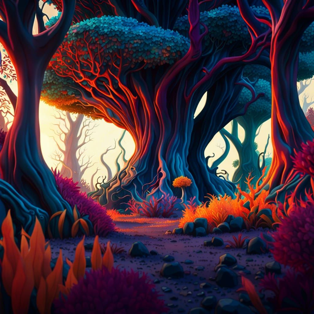 Alien Foliage with Luminous Trees in 3D