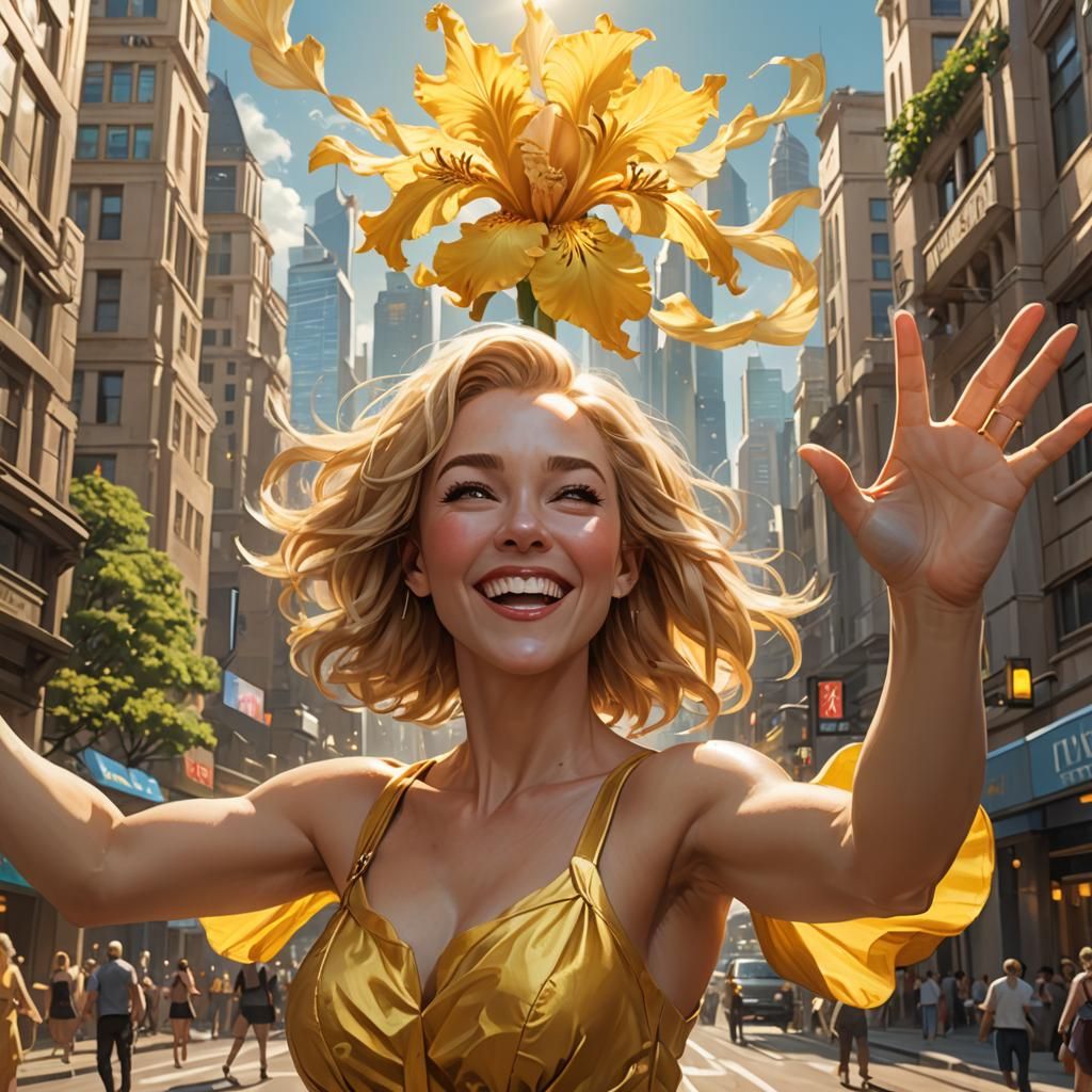 Woman Celebrates in Golden Sci-Fi City