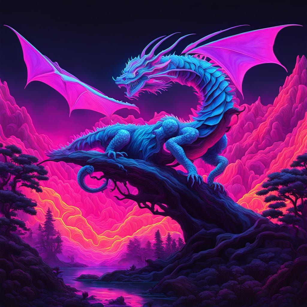 Dragon with Cheshire Cat Grin in Neon Colors Perched on Tree...