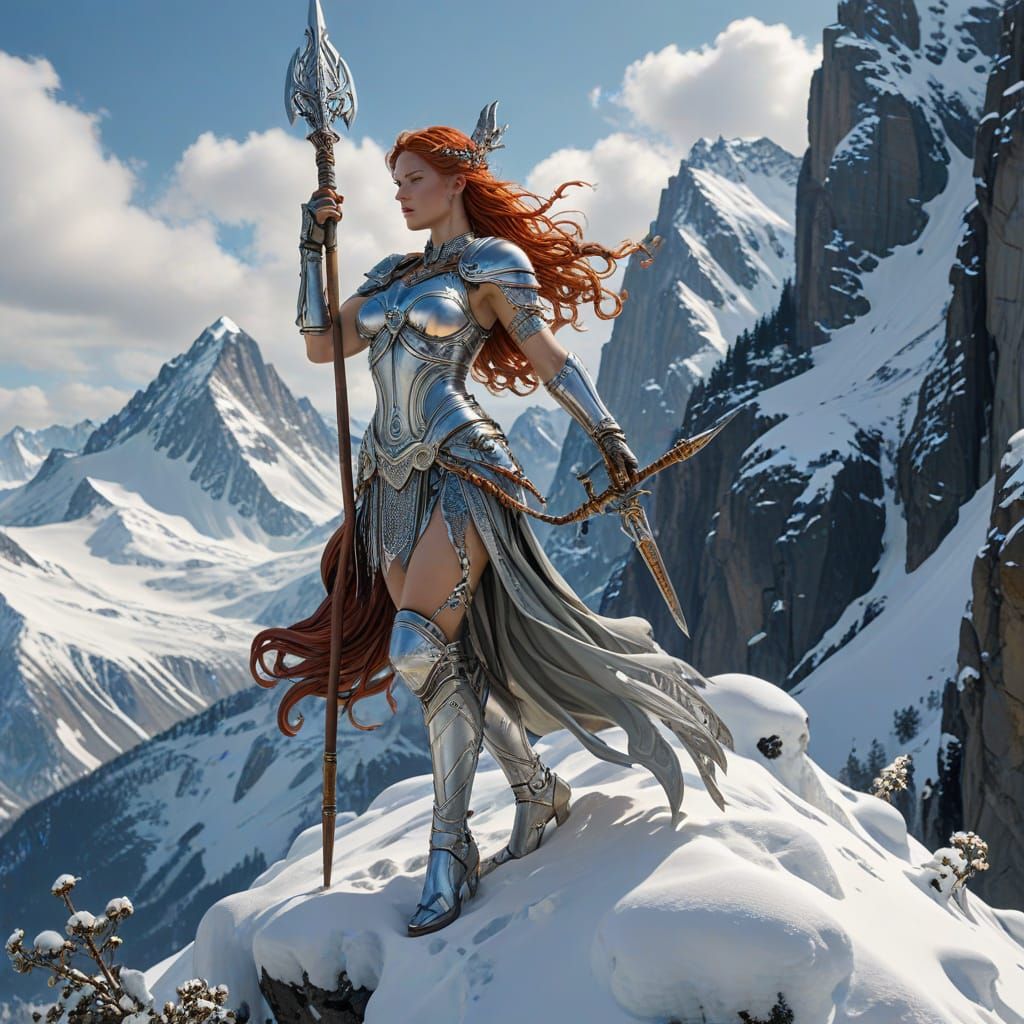 Valkyrie Warrior on Snowy Peak in Art Nouveau Style