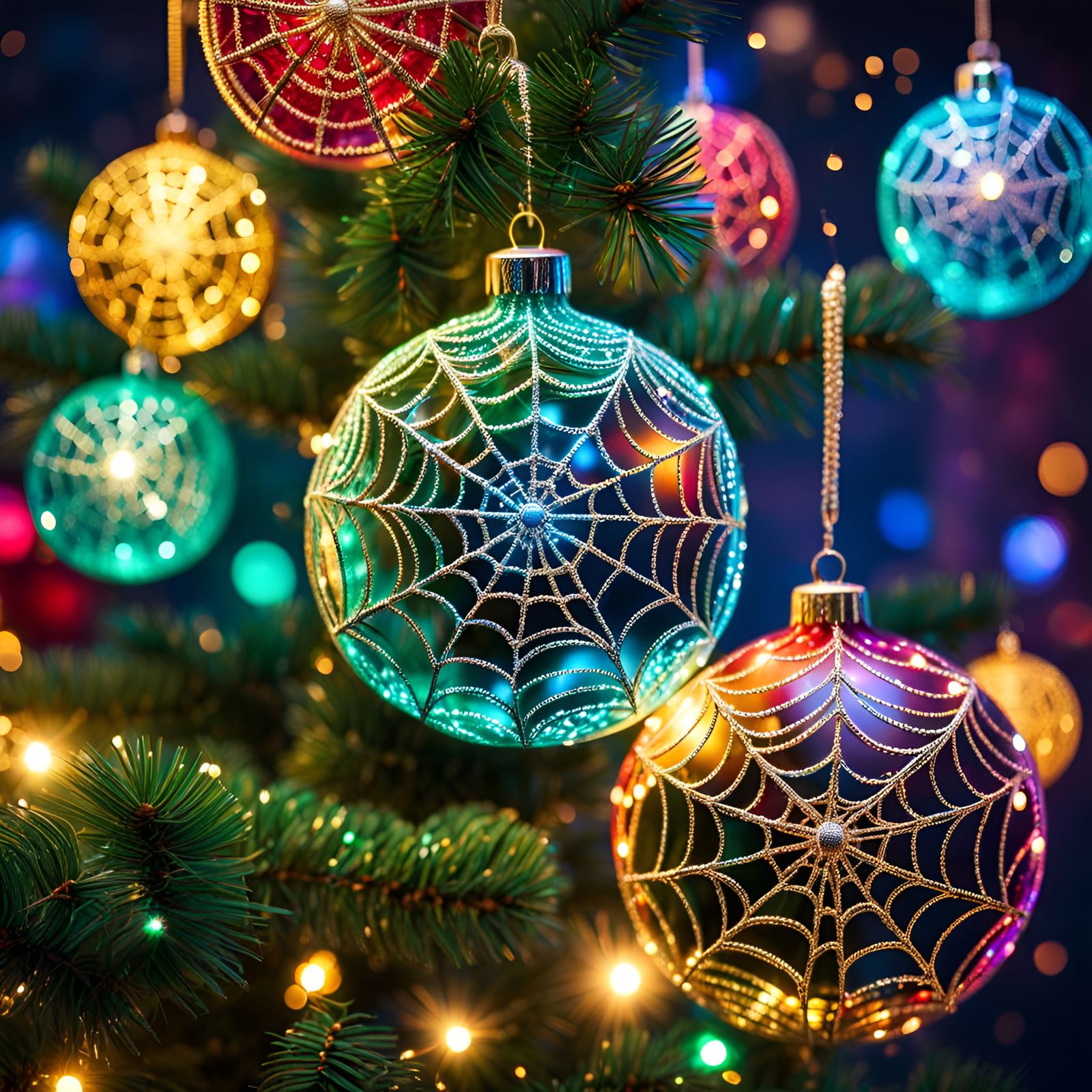 Spiderweb Christmas Ornaments in Hyperrealistic Style