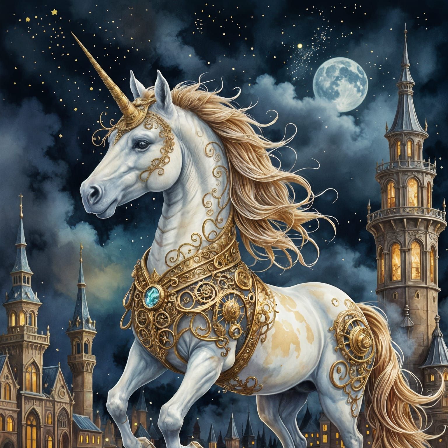 Gold  Unicorn in steampunk city