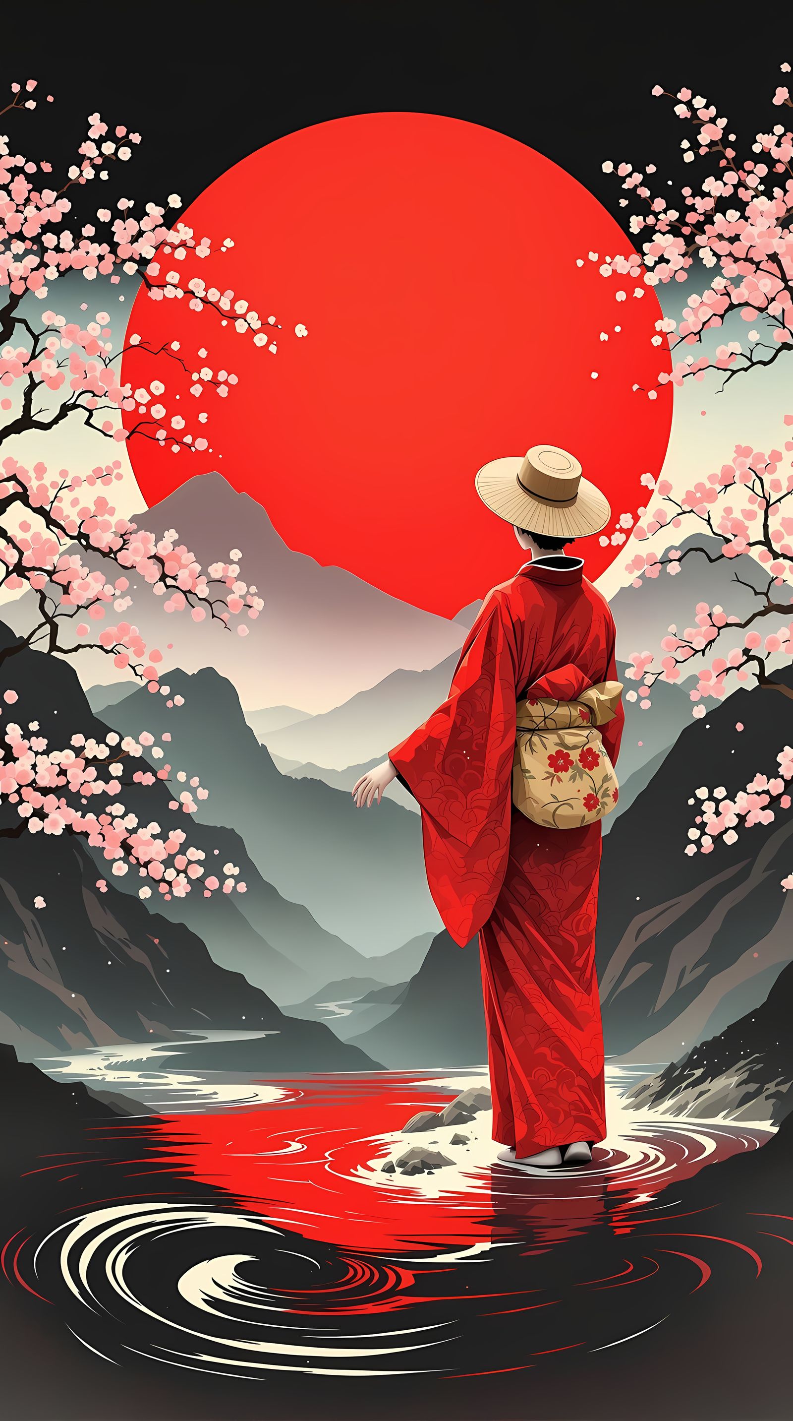 Serene Japanese Figure Amidst Cherry Blossoms and Sunset
