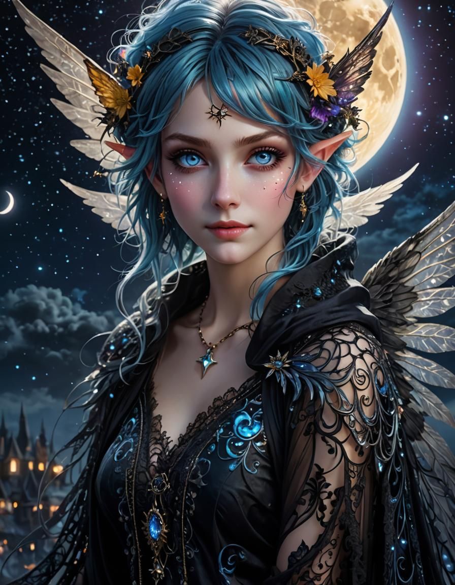 Emo Fairy Under Starry Sky in Fantasy Art