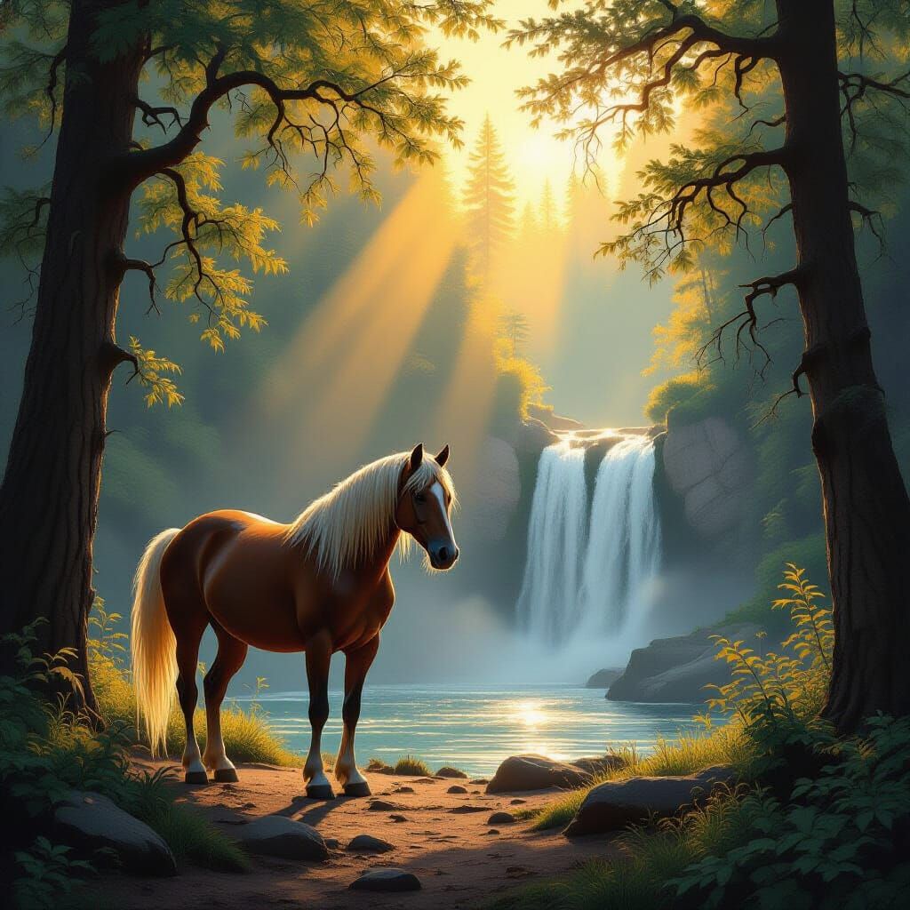 Majestic Horse in Forest Clearing Near Waterfall