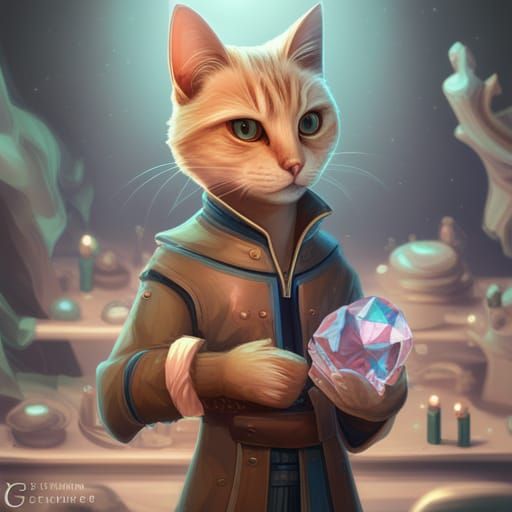 Cat Humanoid in Crystal Shop: Digital Fantasy Art