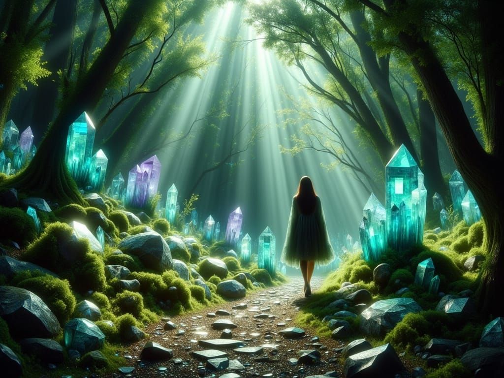 Ethereal Forest Goddess Among Glowing Crystals