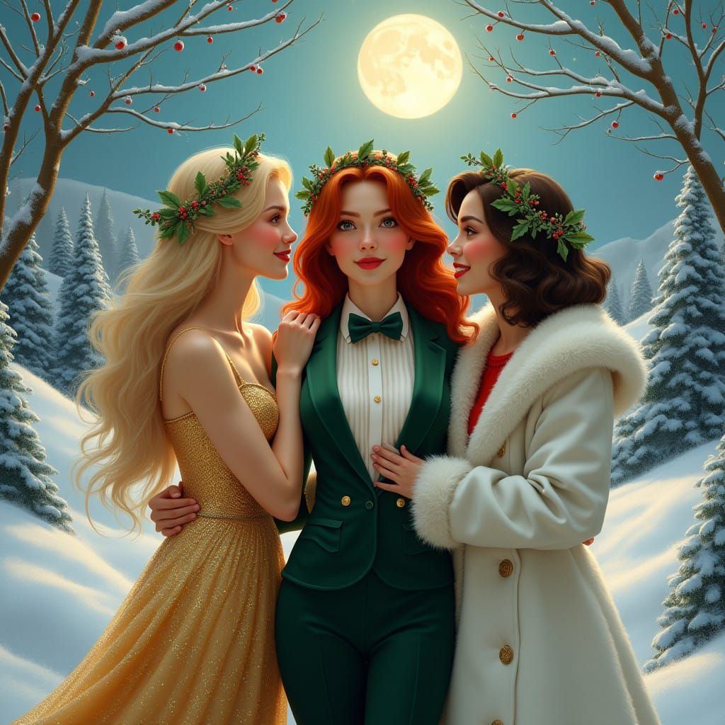 Three Women Embrace in Winter Wonderland with Snowy Landscap...