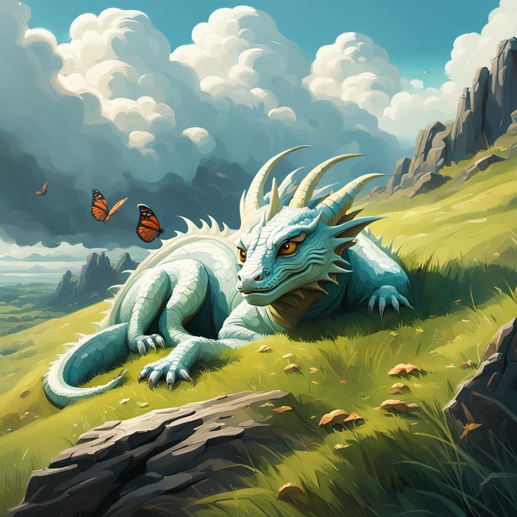 Dragon on Grassy Hill in Dreamy Surreal Style