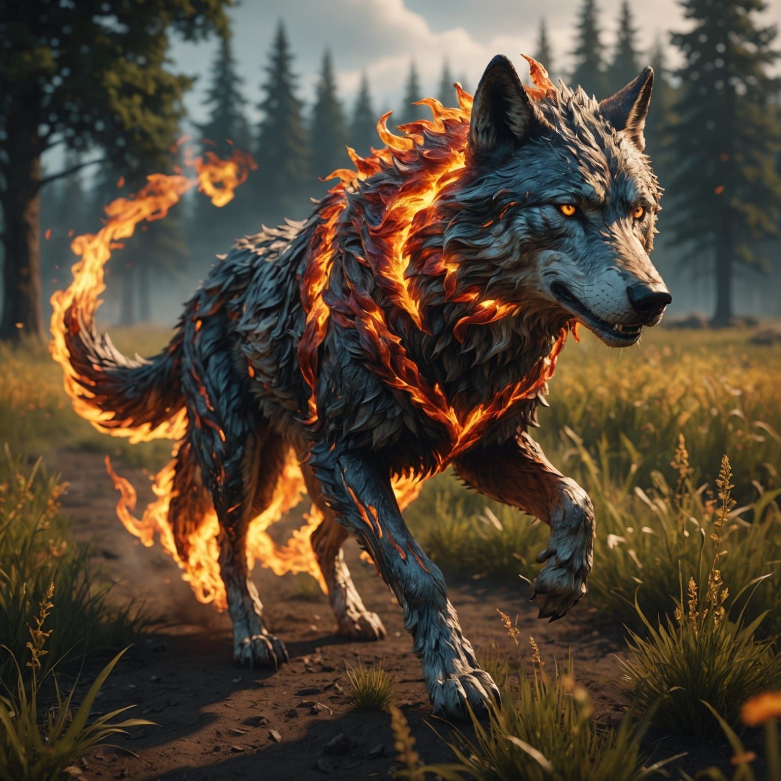 Fiery Wolf Walking Through a Field