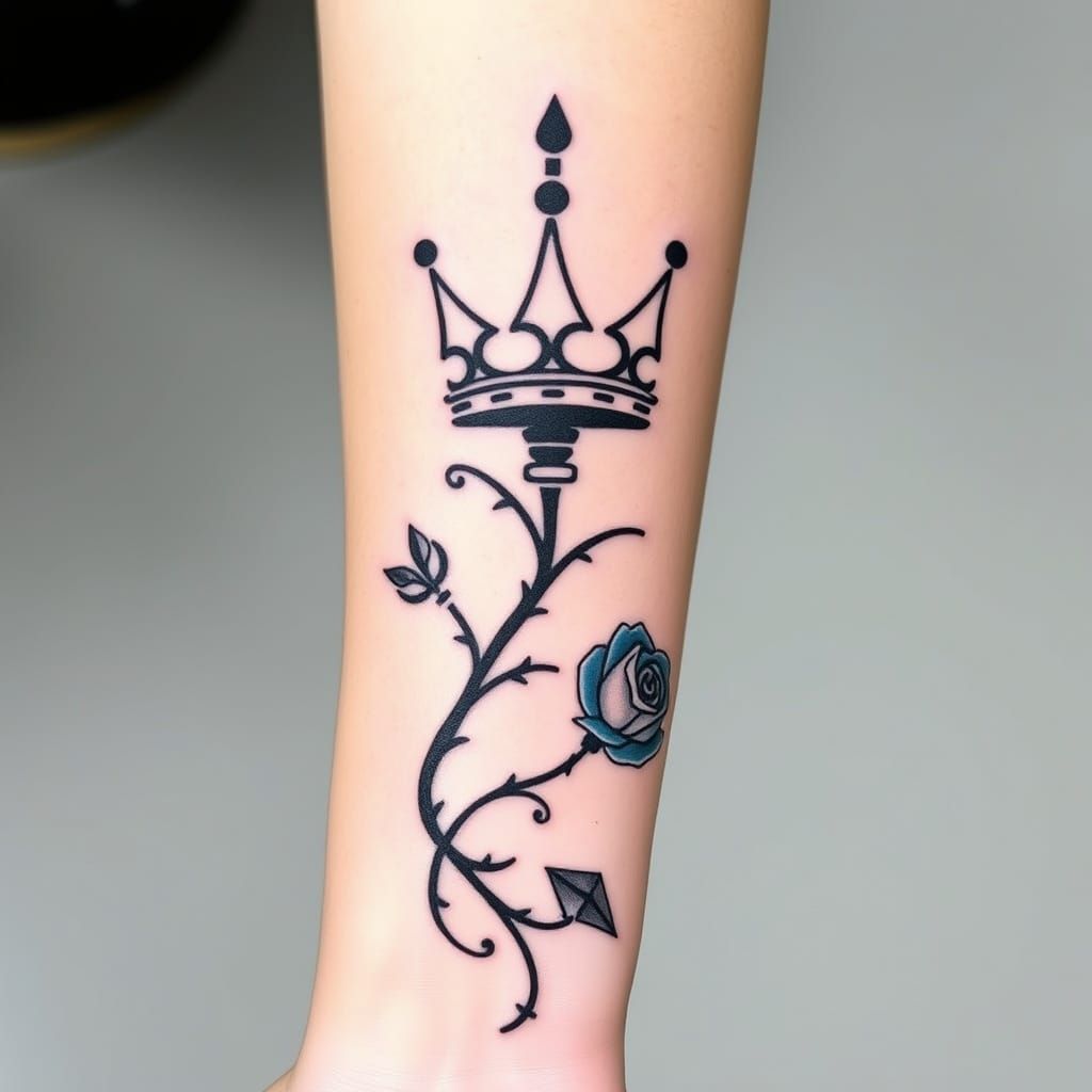 Tribal-Modern Tattoo Design with Crown and Blue Rose