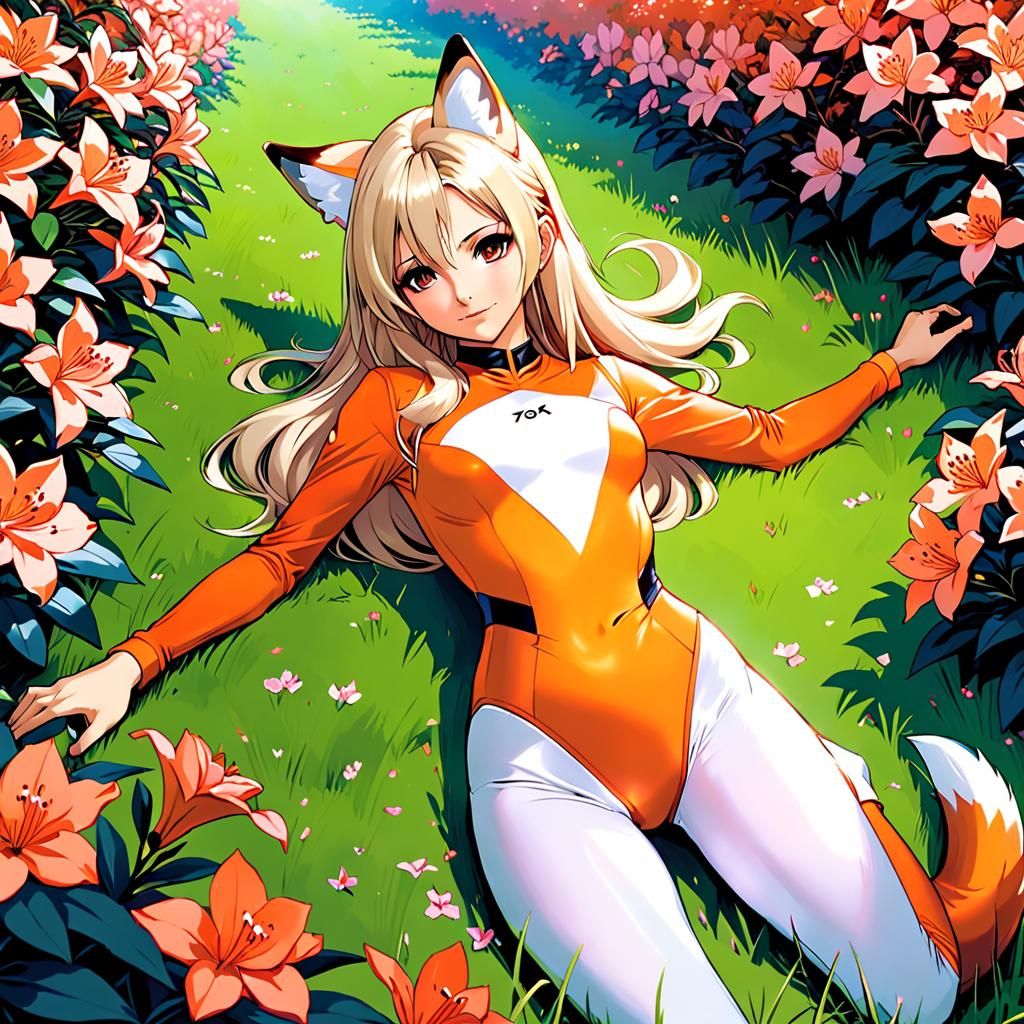 Fox Girl in Rhododendron Field, Cel-Shaded Anime