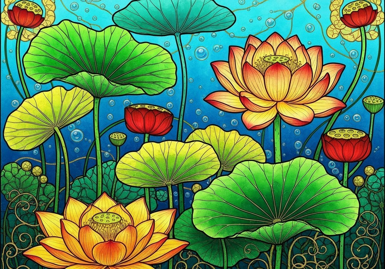 Vibrant Underwater Lotus Flowers in Stained Glass Style