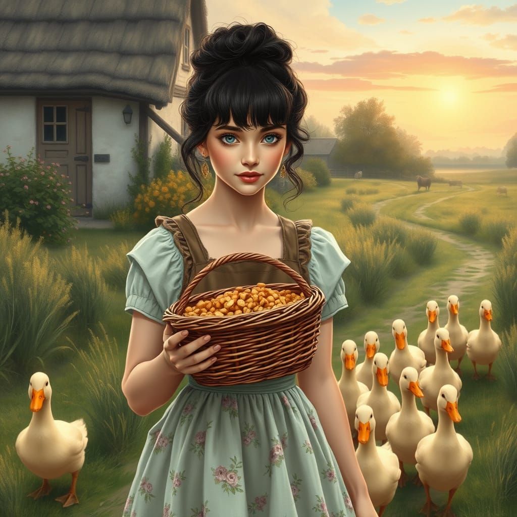 Woman Feeding Ducks in Rural Cottagecore Scene