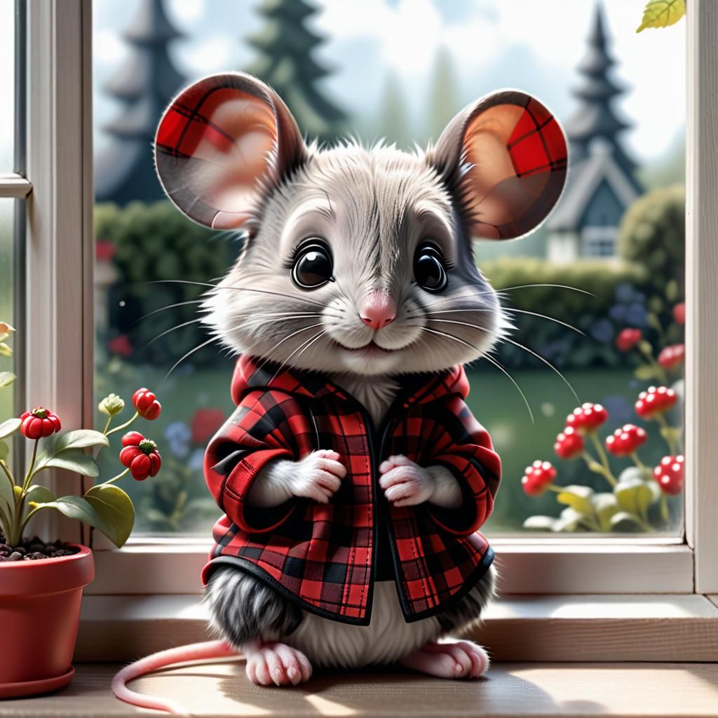 Chibi Mouse in Plaid Outfit Gazing at Garden