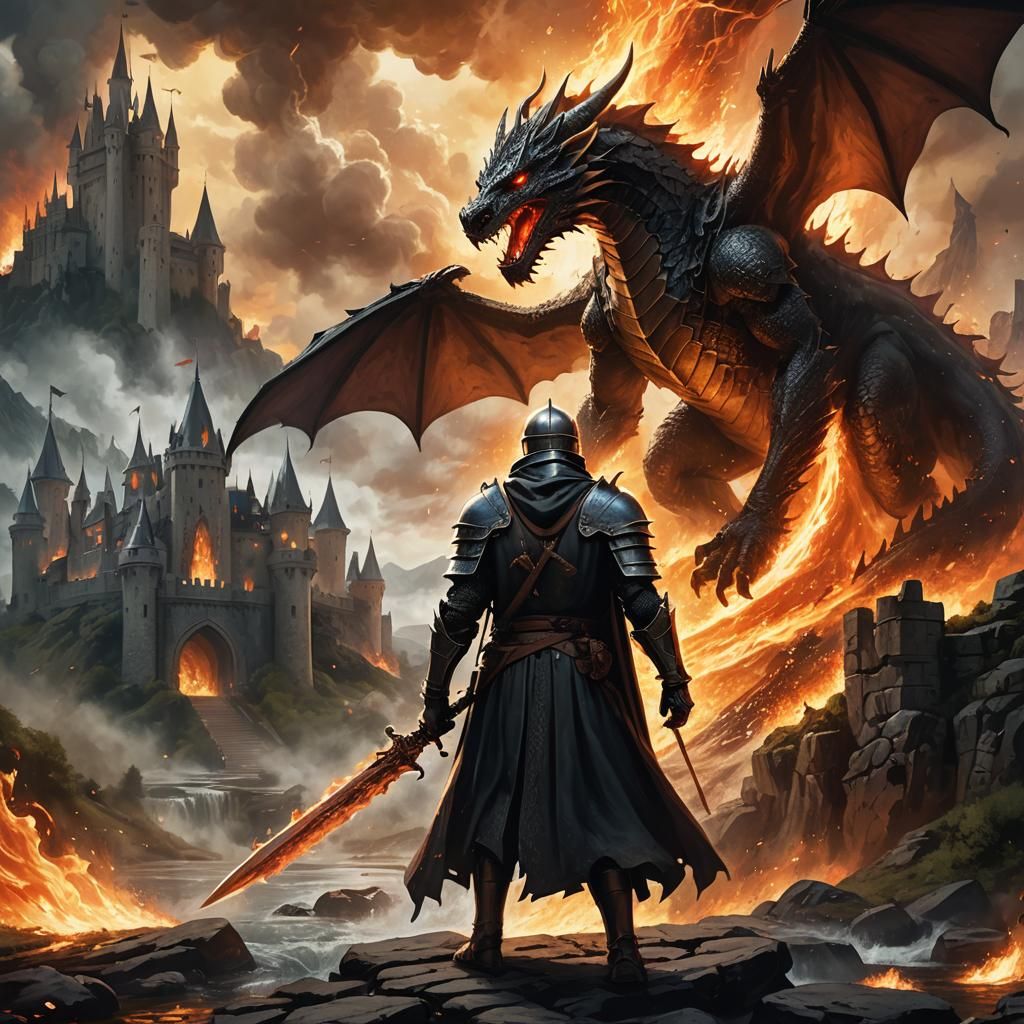 Fantasy Knight and Dragon Unleash Firestorm