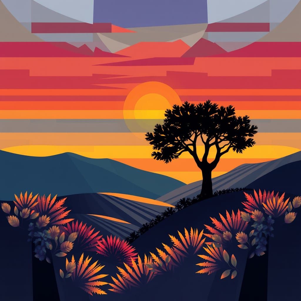 Vibrant Geometric Sunset in Fractal Patterns