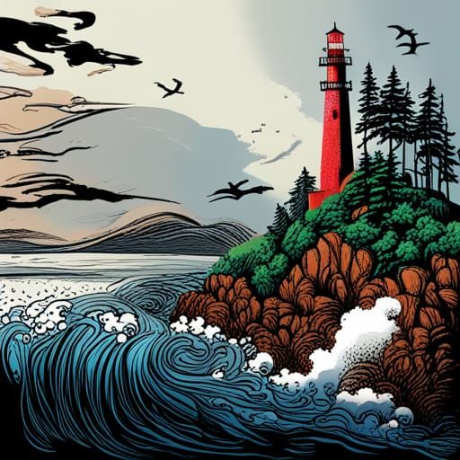 Cliffside Lighthouse in Black Ink Drawing