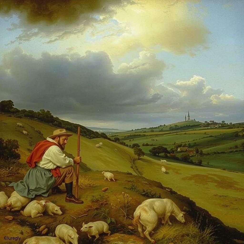 Ploughman Overseeing Village in Breughel Style Oil Painting