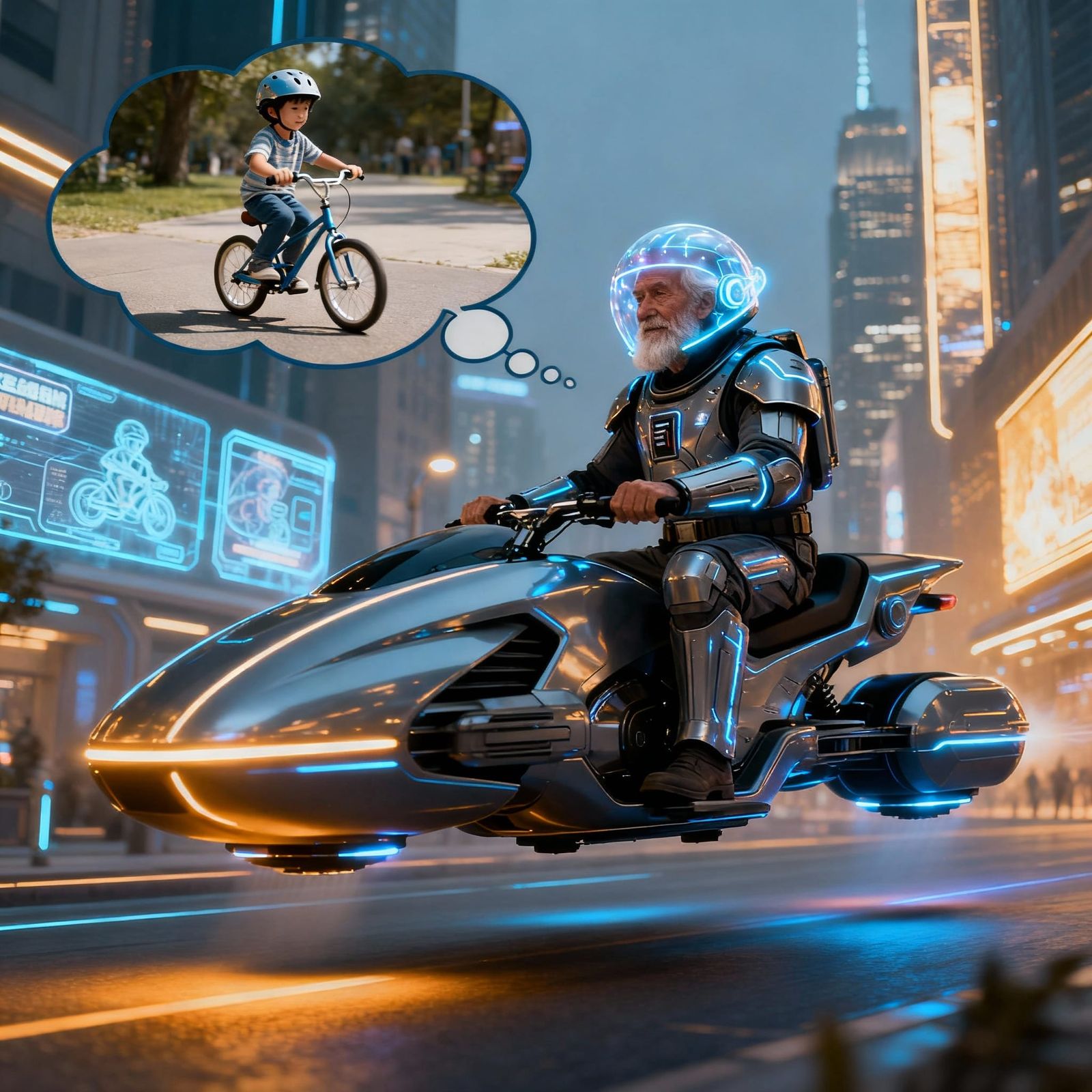 Futuristic Nostalgia: Old Man on Hover Bike