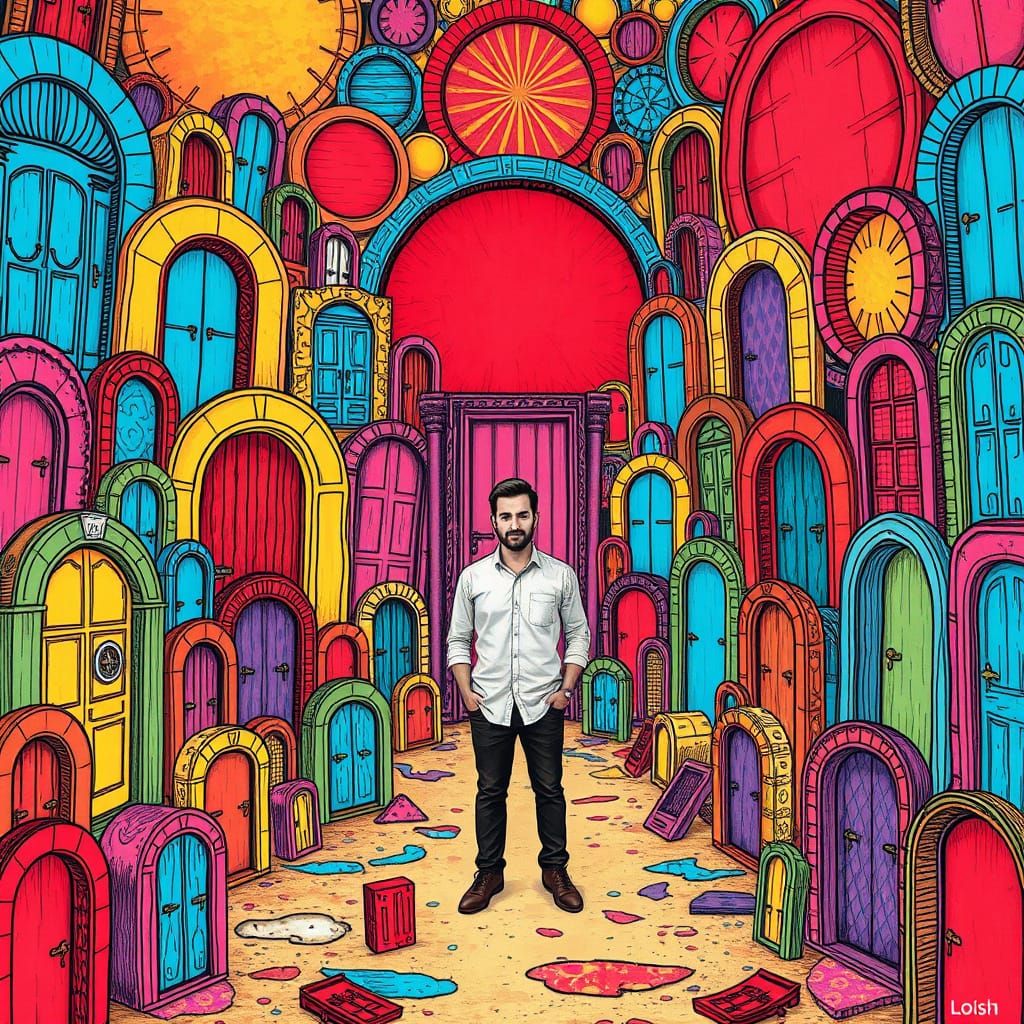 Surreal Door Landscape in Hand-Drawn Style