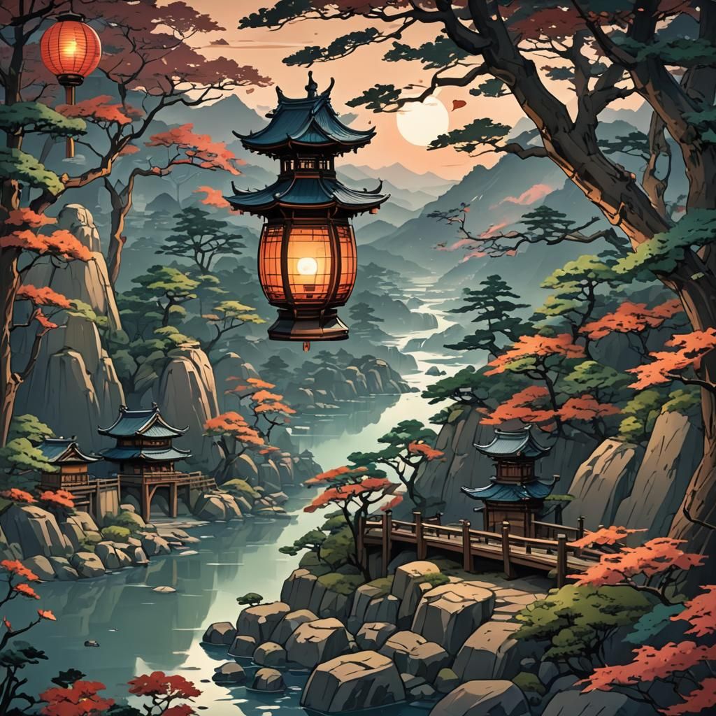 Feudal Japanese Landscape Illuminated by Lantern