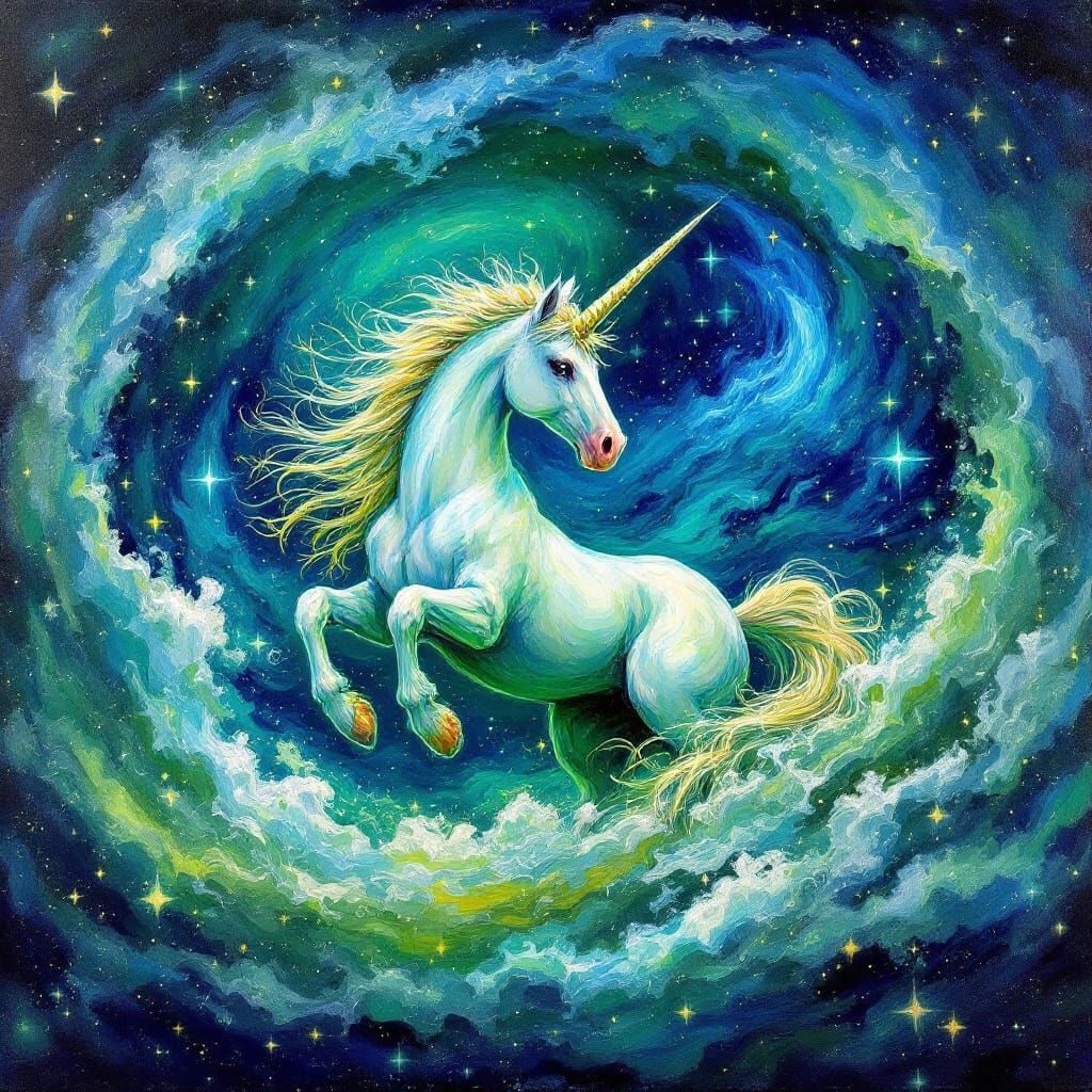 Surreal Unicorn in Van Gogh & Rembrandt Styles