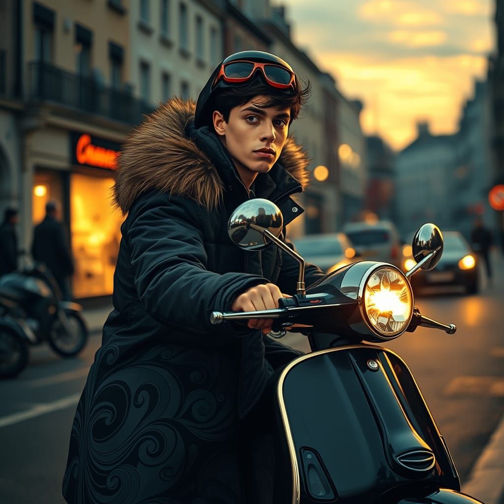 Mod wearing a parka on a mod scooter wrapped in "black gown"...