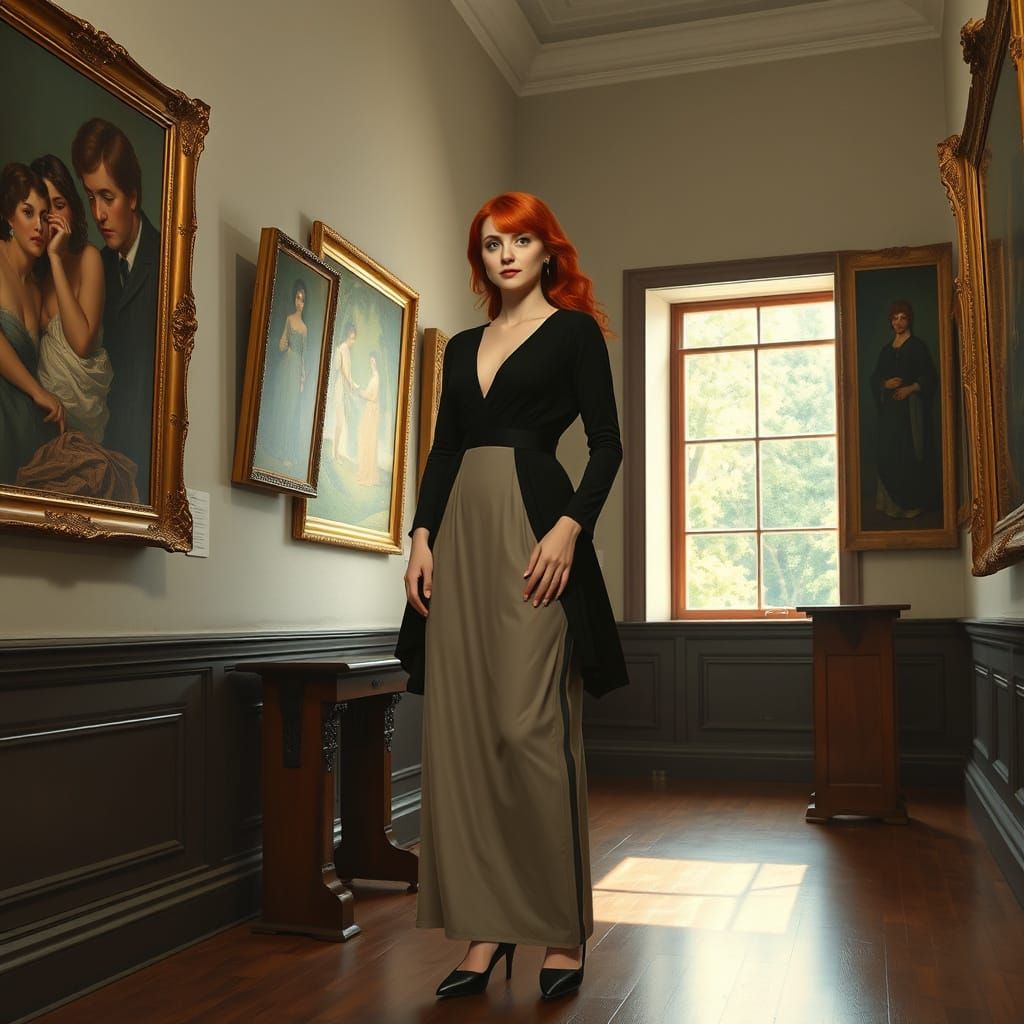 Elegant Woman in Art Gallery, Alphonse Mucha Style