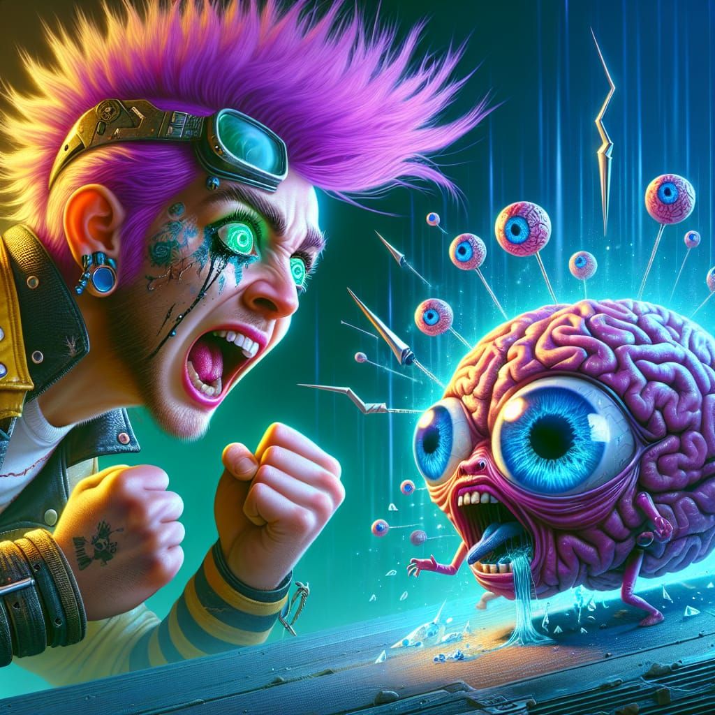 Punk Woman Sneaks Up On Crying Brain, Fantasy Art