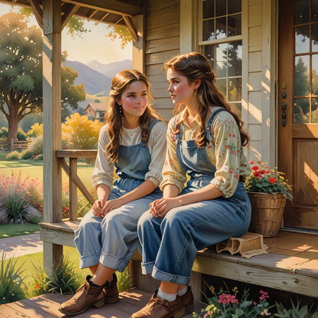 Two Girls on California Ranch Porch in Impressionist Waterco...