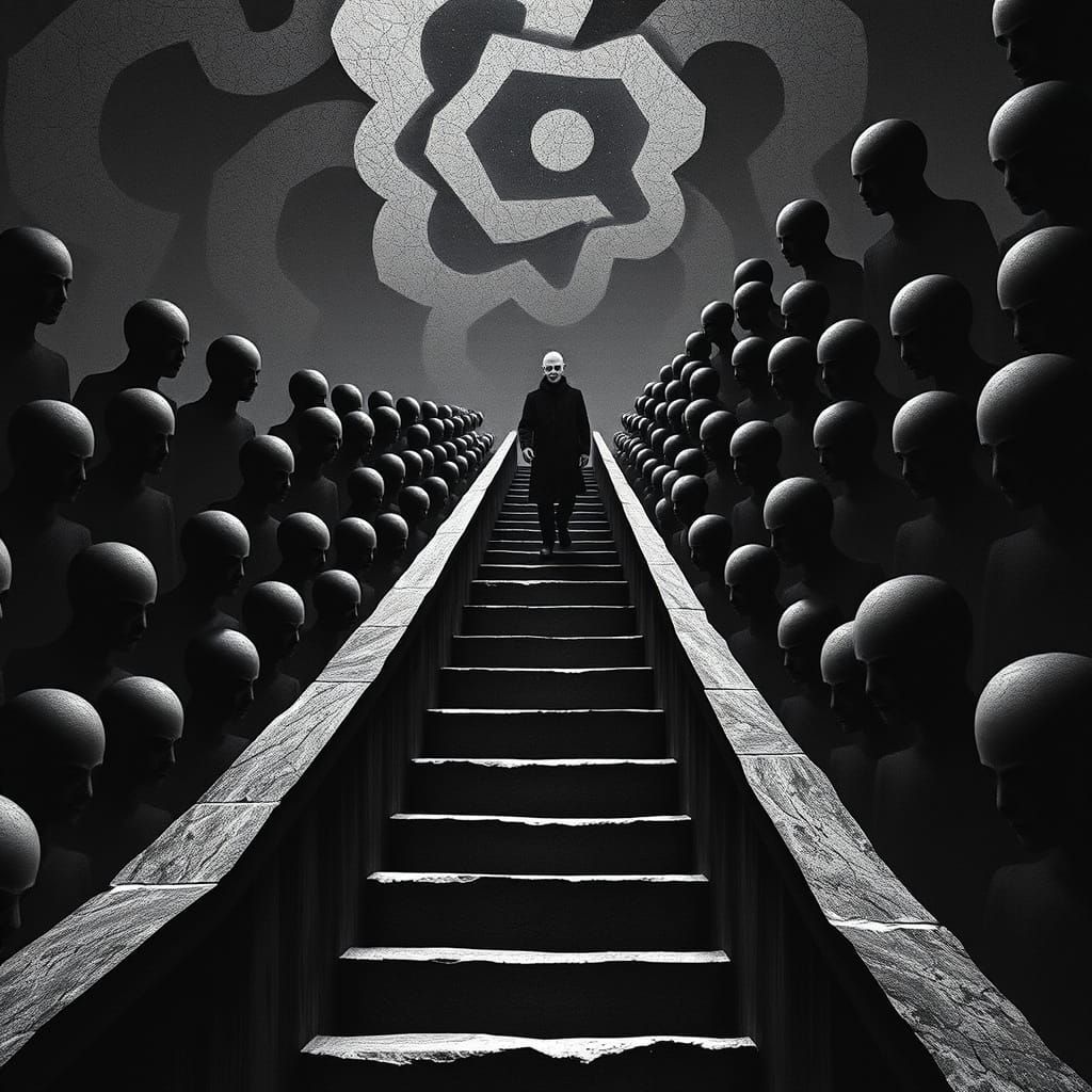 Surreal Staircase Climb in Cubist Style