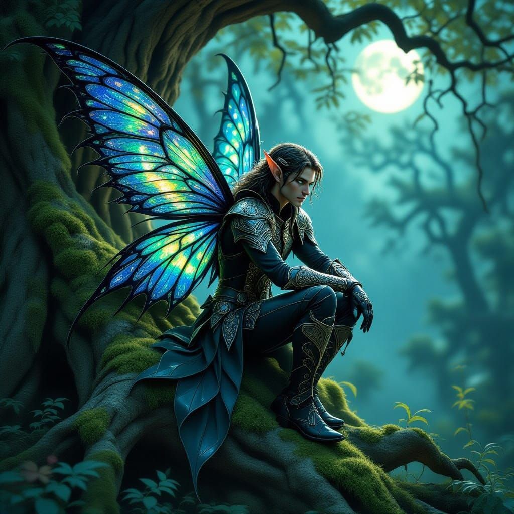 Male Fairy with Black Leather Wings in Twilight Forest
