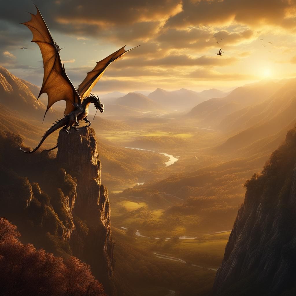 Dragonriders Soaring in Golden Hour: Epic Valley Vista