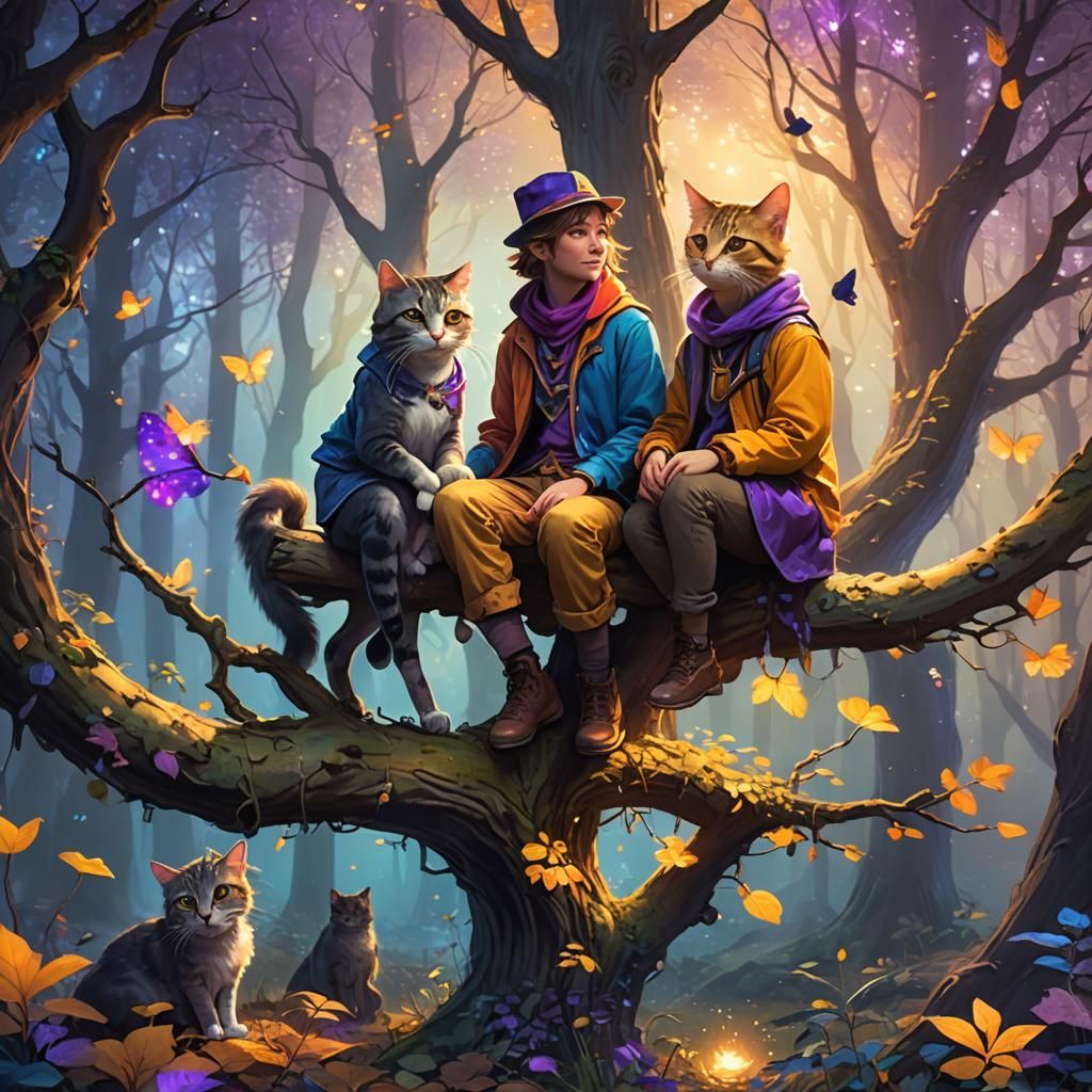 Mystical Forest Scene with Friends and Cats