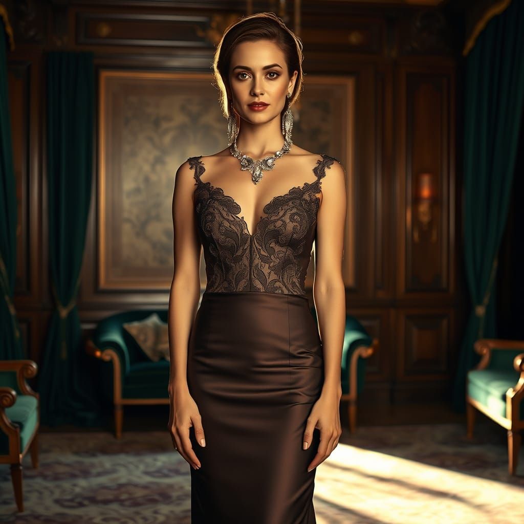 Elegant Woman in Luxurious Evening Gown with Statement Jewel...