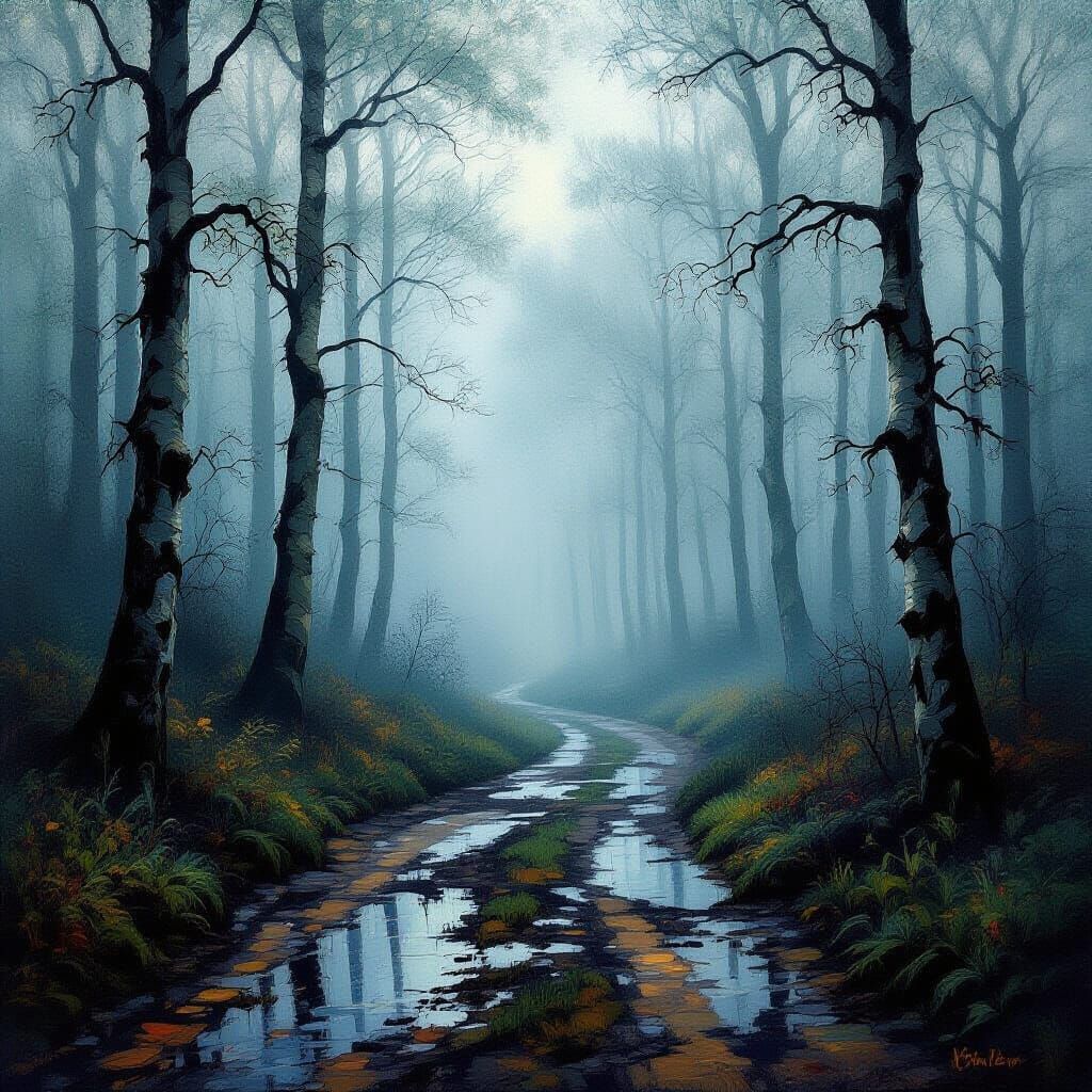 Eerie Fog Shrouds Dreamy Impressionist Forest